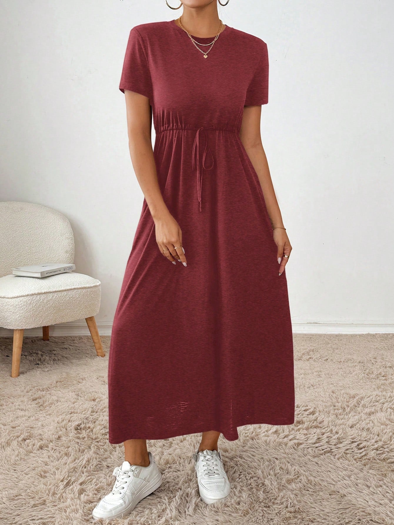 Essnce Women's Solid Crew Neck Twist Front Pocket Short Sleeve Summer Dress
