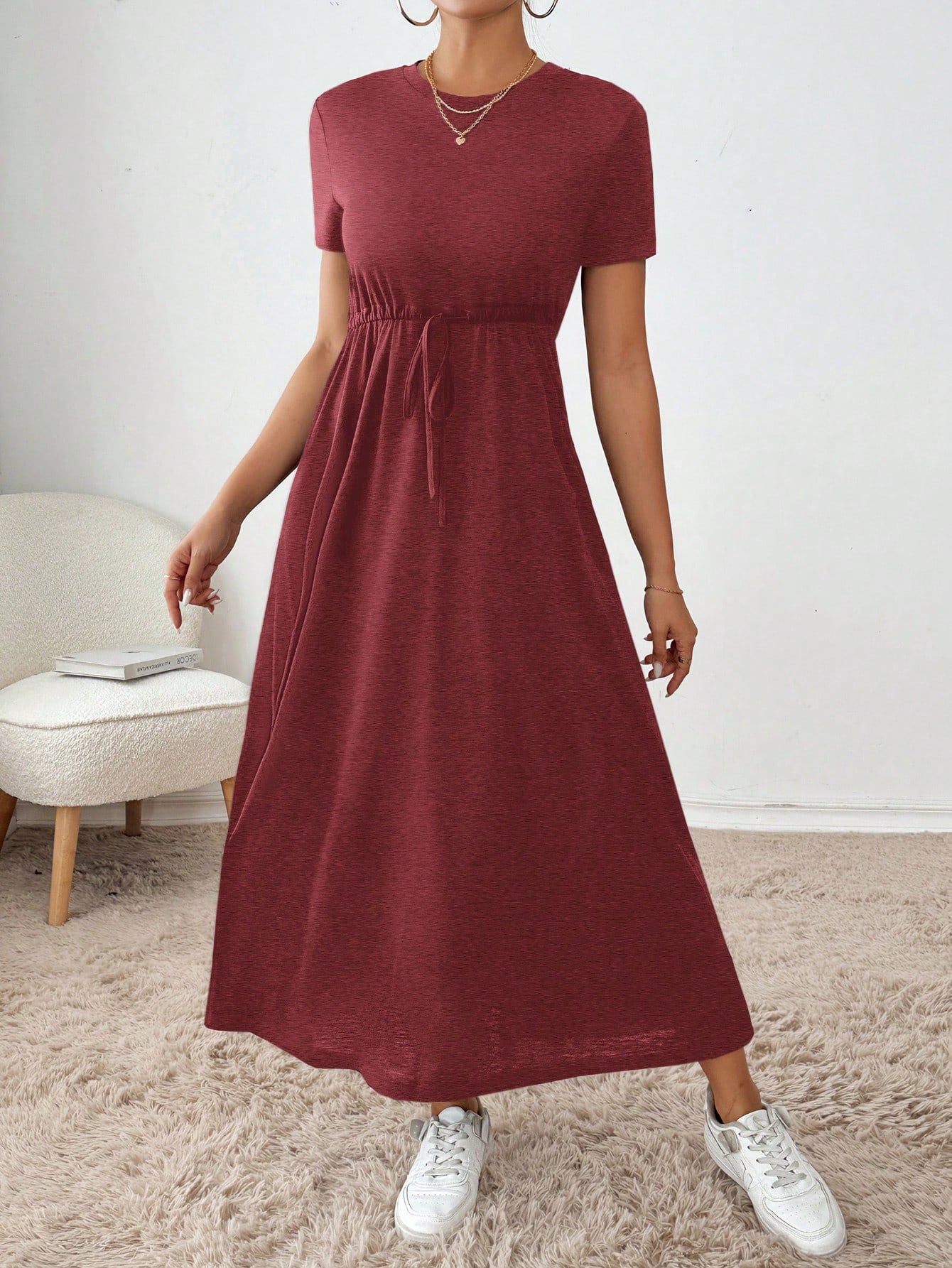 Essnce Women's Solid Crew Neck Twist Front Pocket Short Sleeve Summer Dress