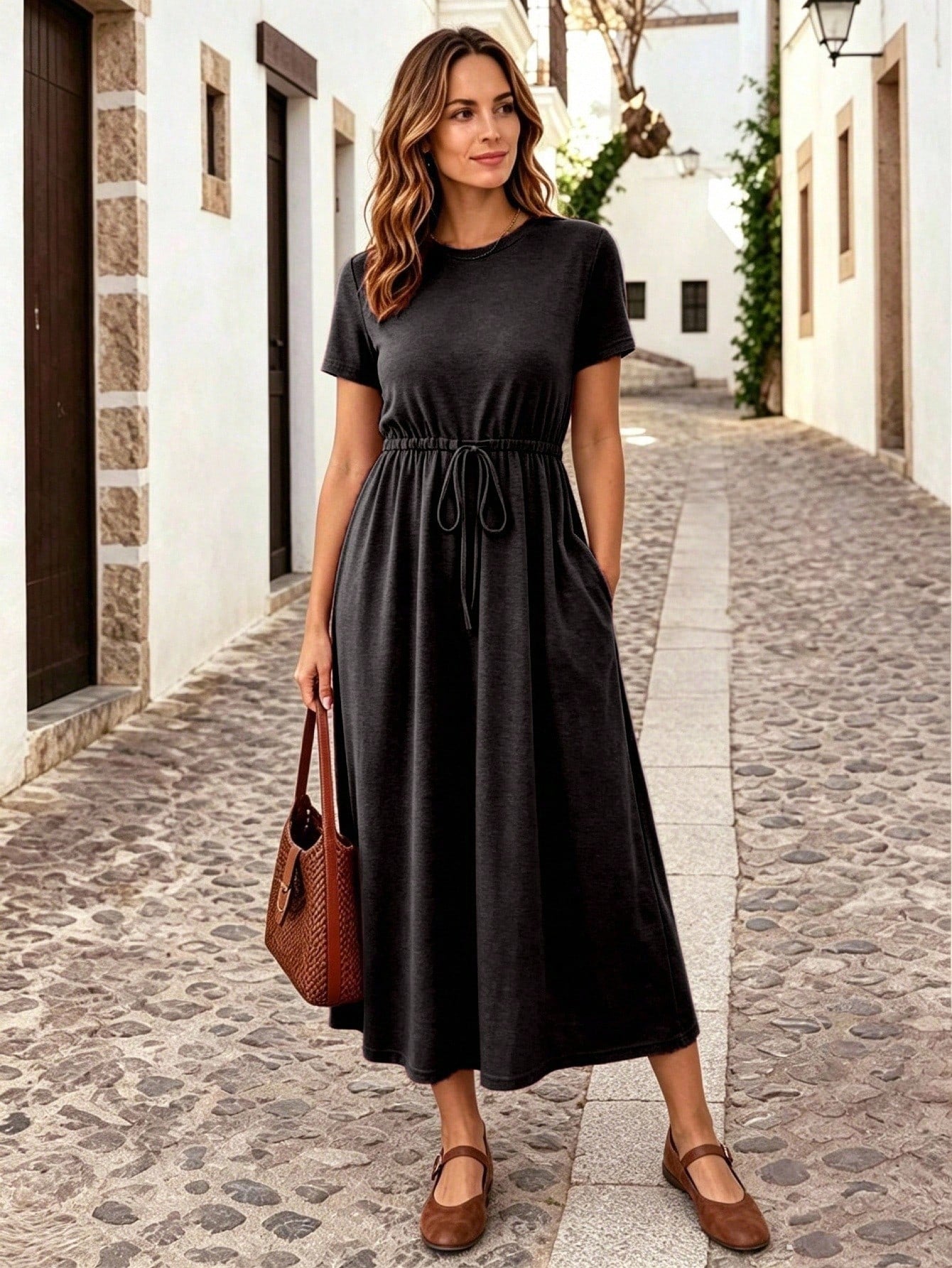 Essnce Women's Solid Crew Neck Twist Front Pocket Short Sleeve Summer Dress