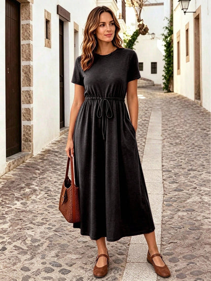 Essnce Women's Solid Crew Neck Twist Front Pocket Short Sleeve Summer Dress