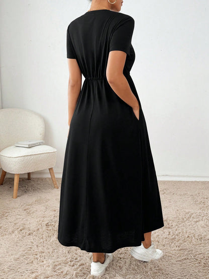 Essnce Women's Solid Crew Neck Twist Front Pocket Short Sleeve Summer Dress