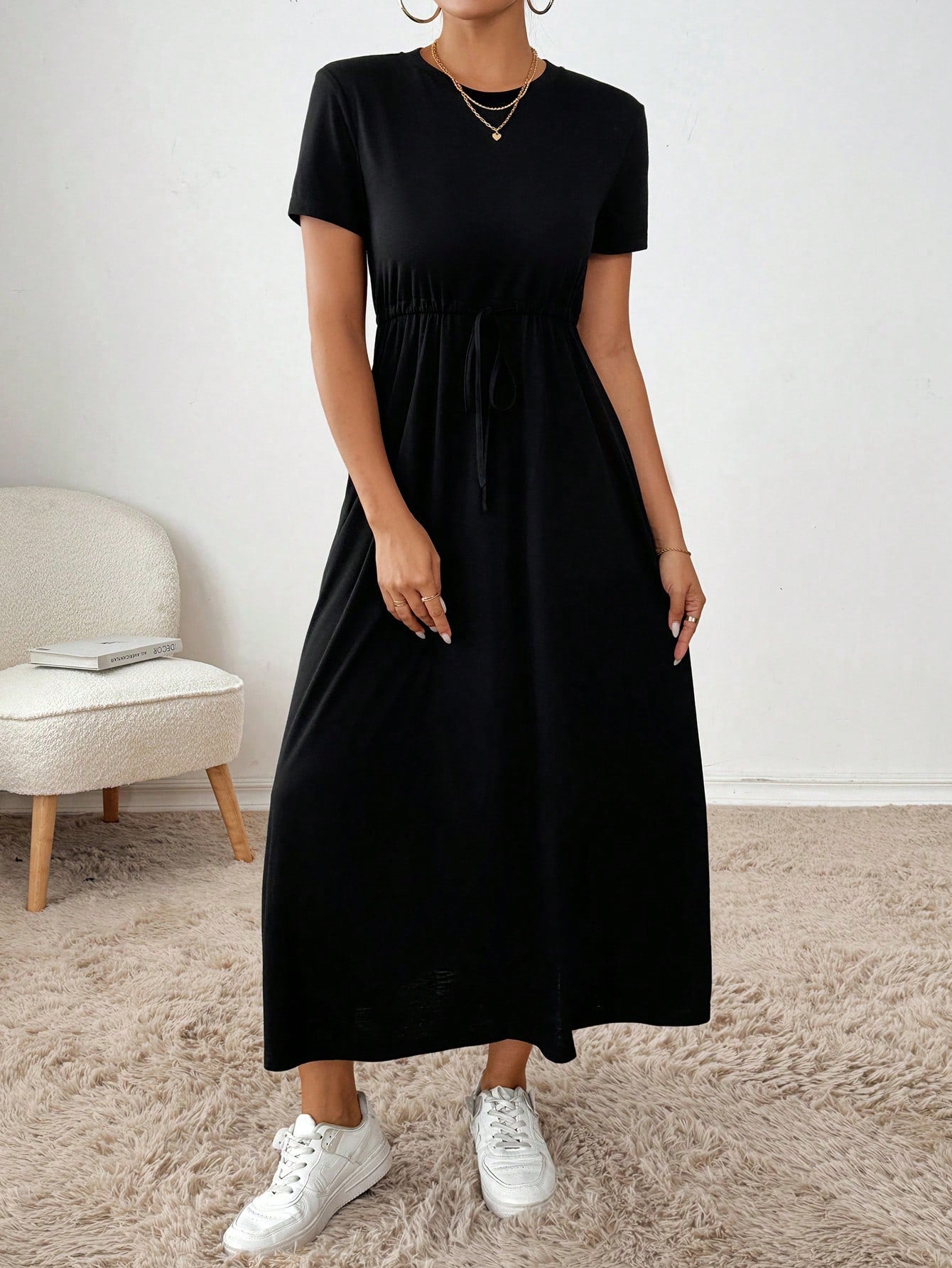Essnce Women's Solid Crew Neck Twist Front Pocket Short Sleeve Summer Dress