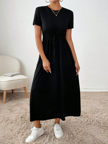 Essnce Women's Solid Crew Neck Twist Front Pocket Short Sleeve Summer Dress