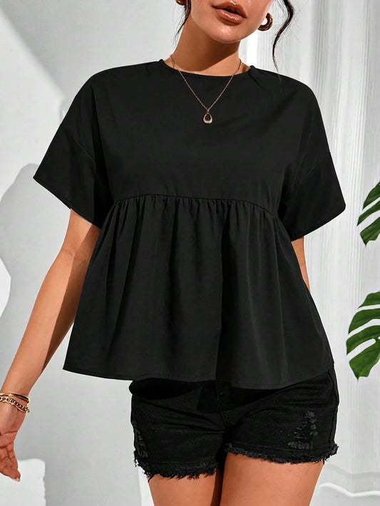 Essnce Women Summer Solid Color Round Neck Short Sleeve Loose Blouse,Short Sleeve Tops