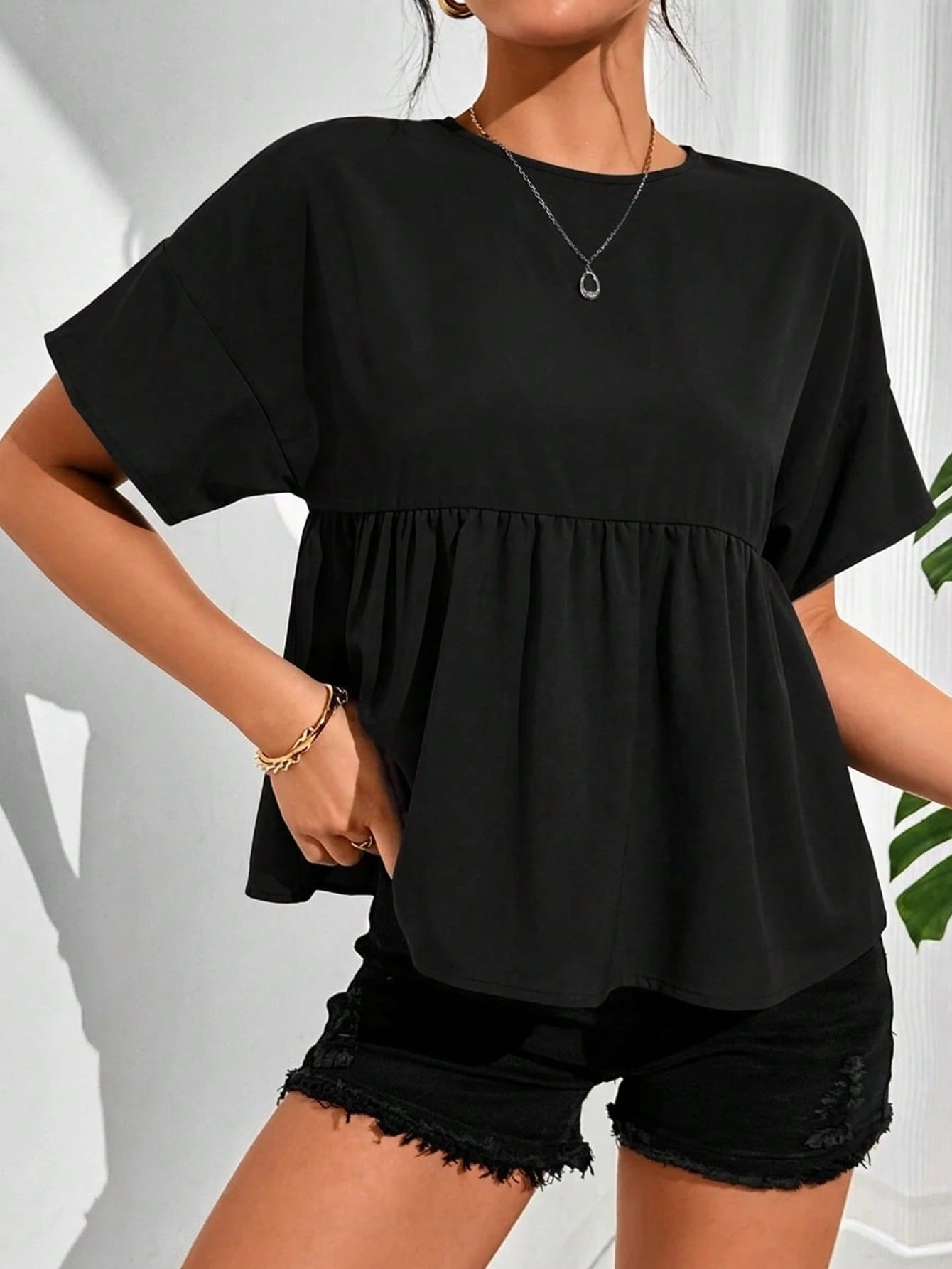 Essnce Women Summer Solid Color Round Neck Short Sleeve Loose Blouse,Short Sleeve Tops