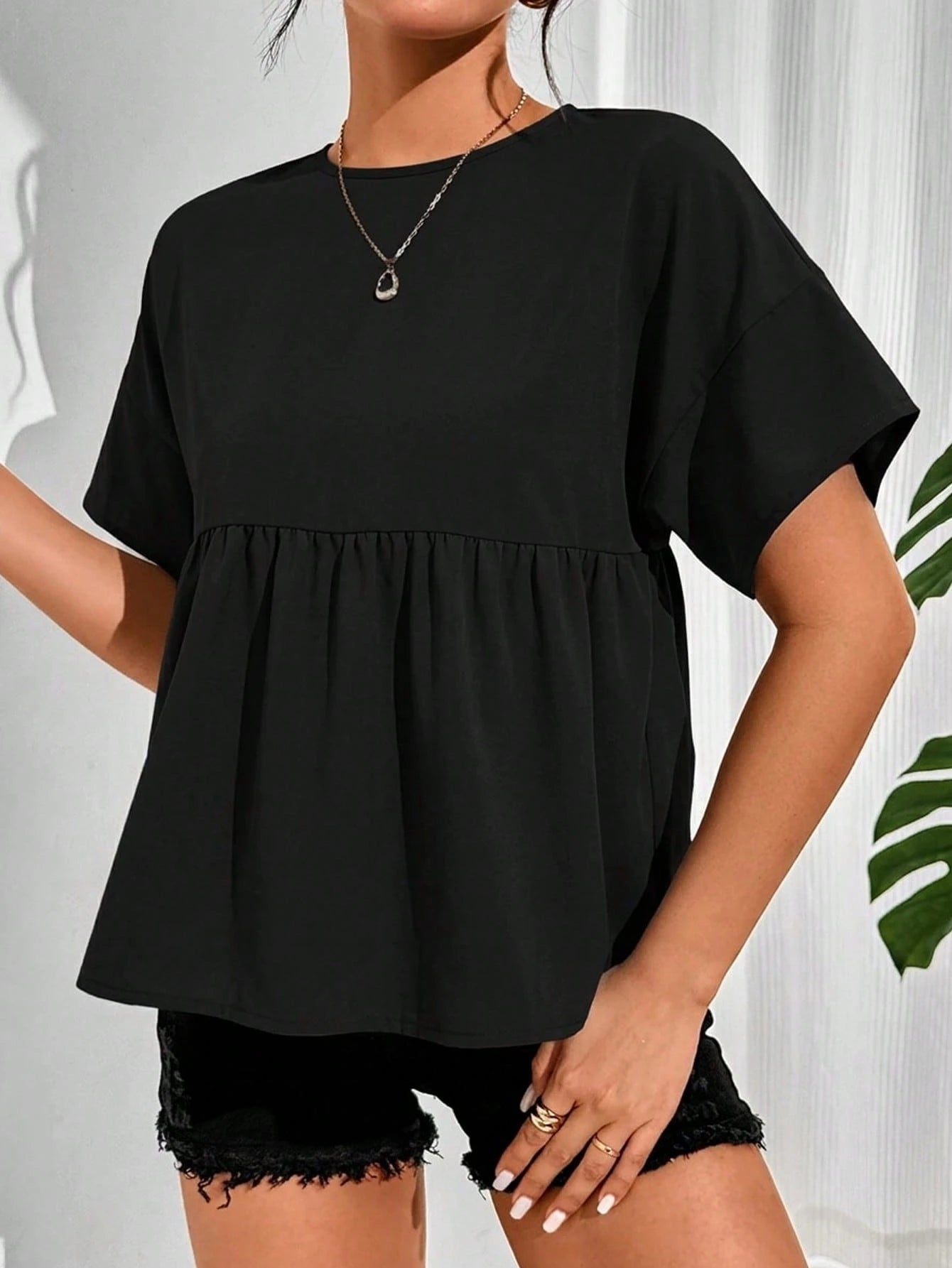 Essnce Women Summer Solid Color Round Neck Short Sleeve Loose Blouse,Short Sleeve Tops