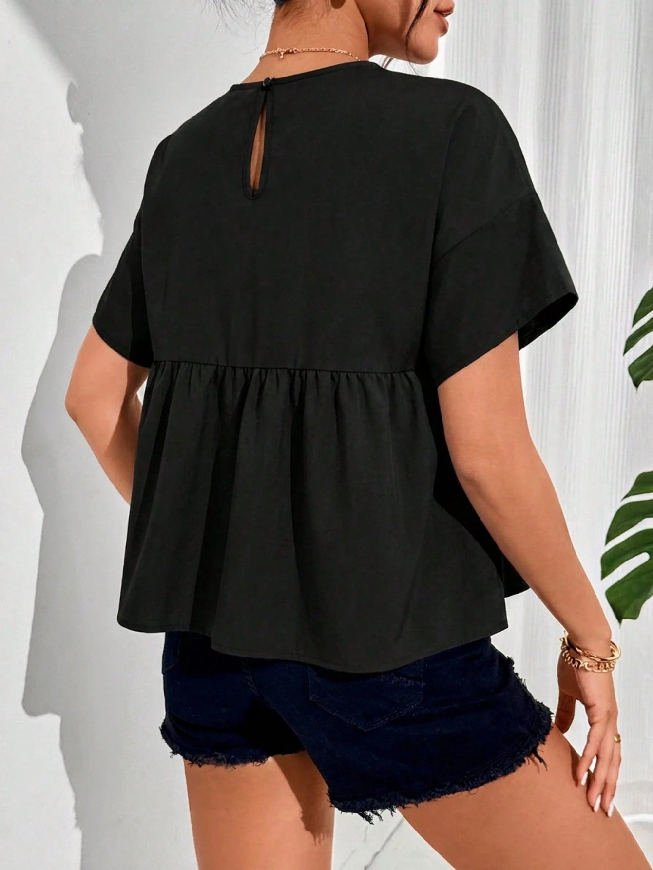 Essnce Women Summer Solid Color Round Neck Short Sleeve Loose Blouse,Short Sleeve Tops