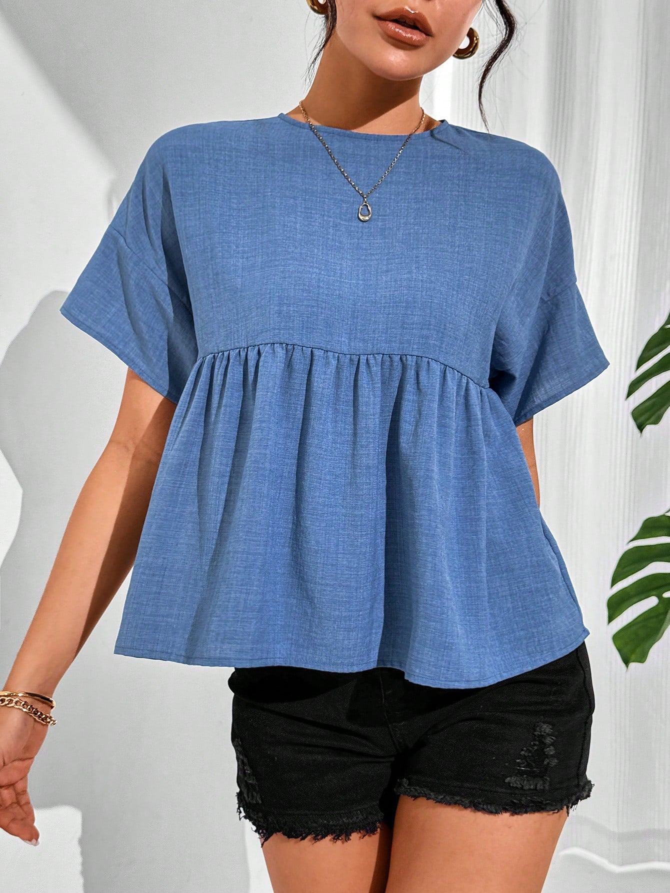 Essnce Women Summer Solid Color Round Neck Short Sleeve Loose Blouse,Short Sleeve Tops