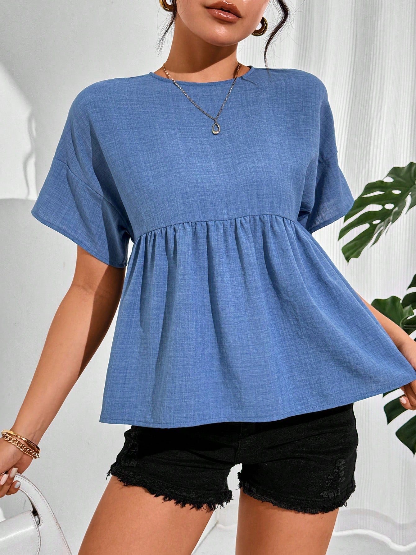 Essnce Women Summer Solid Color Round Neck Short Sleeve Loose Blouse,Short Sleeve Tops