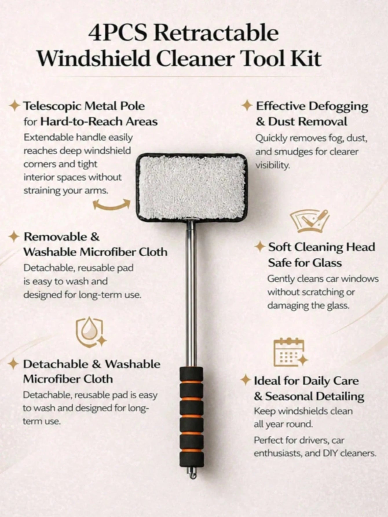 Extendable Windshield Cleaning Tool Set – With Detachable Handle, Rearview Mirror Water Removal And Wiper Function, Multi-Functional Car Cleaning Supplies, Telescopic Car Detailing Glass Cleaning Brus