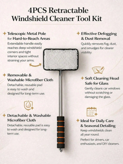 Extendable Windshield Cleaning Tool Set – With Detachable Handle, Rearview Mirror Water Removal And Wiper Function, Multi-Functional Car Cleaning Supplies, Telescopic Car Detailing Glass Cleaning Brus