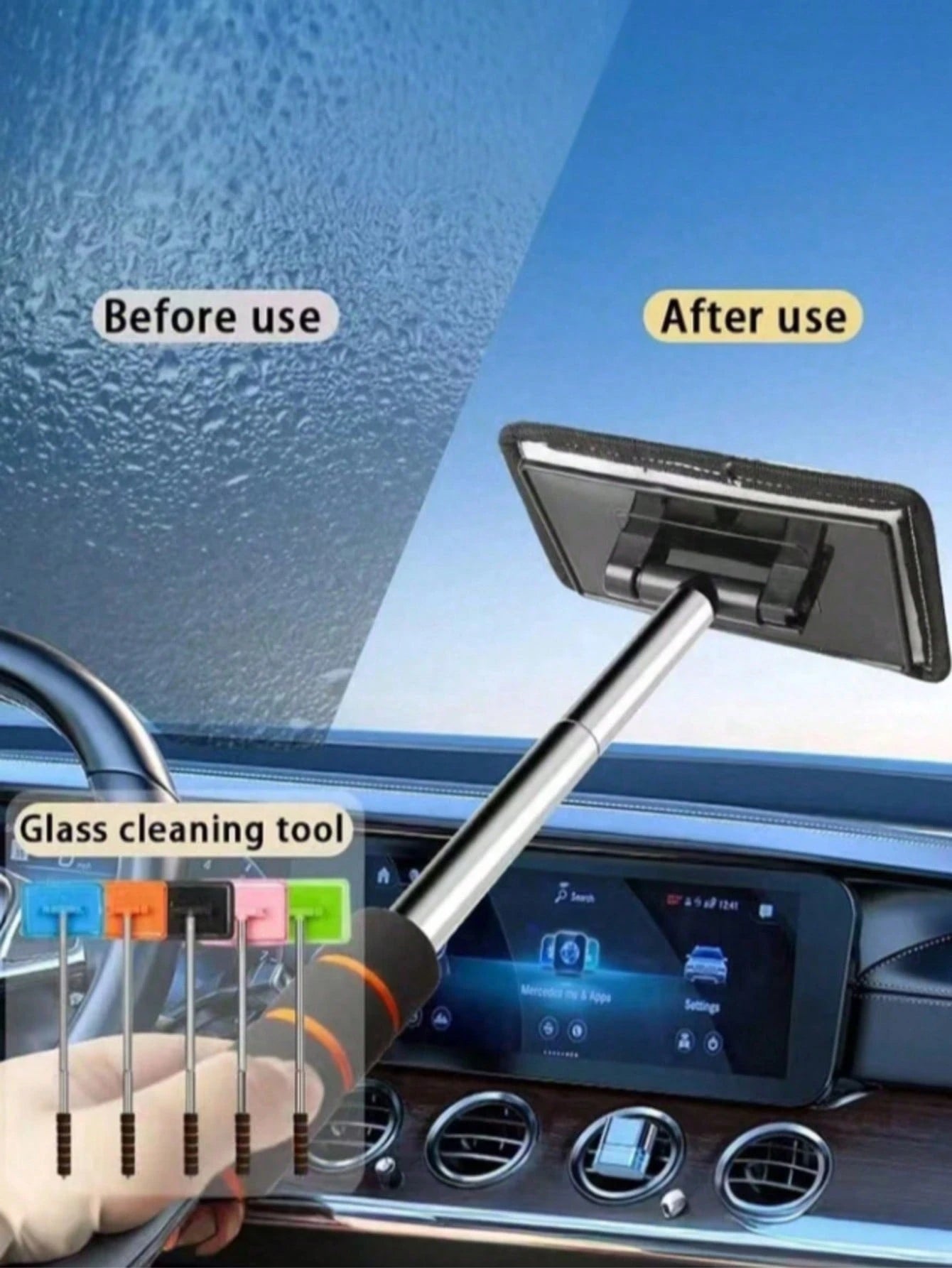 Extendable Windshield Cleaning Tool Set – With Detachable Handle, Rearview Mirror Water Removal And Wiper Function, Multi-Functional Car Cleaning Supplies, Telescopic Car Detailing Glass Cleaning Brus