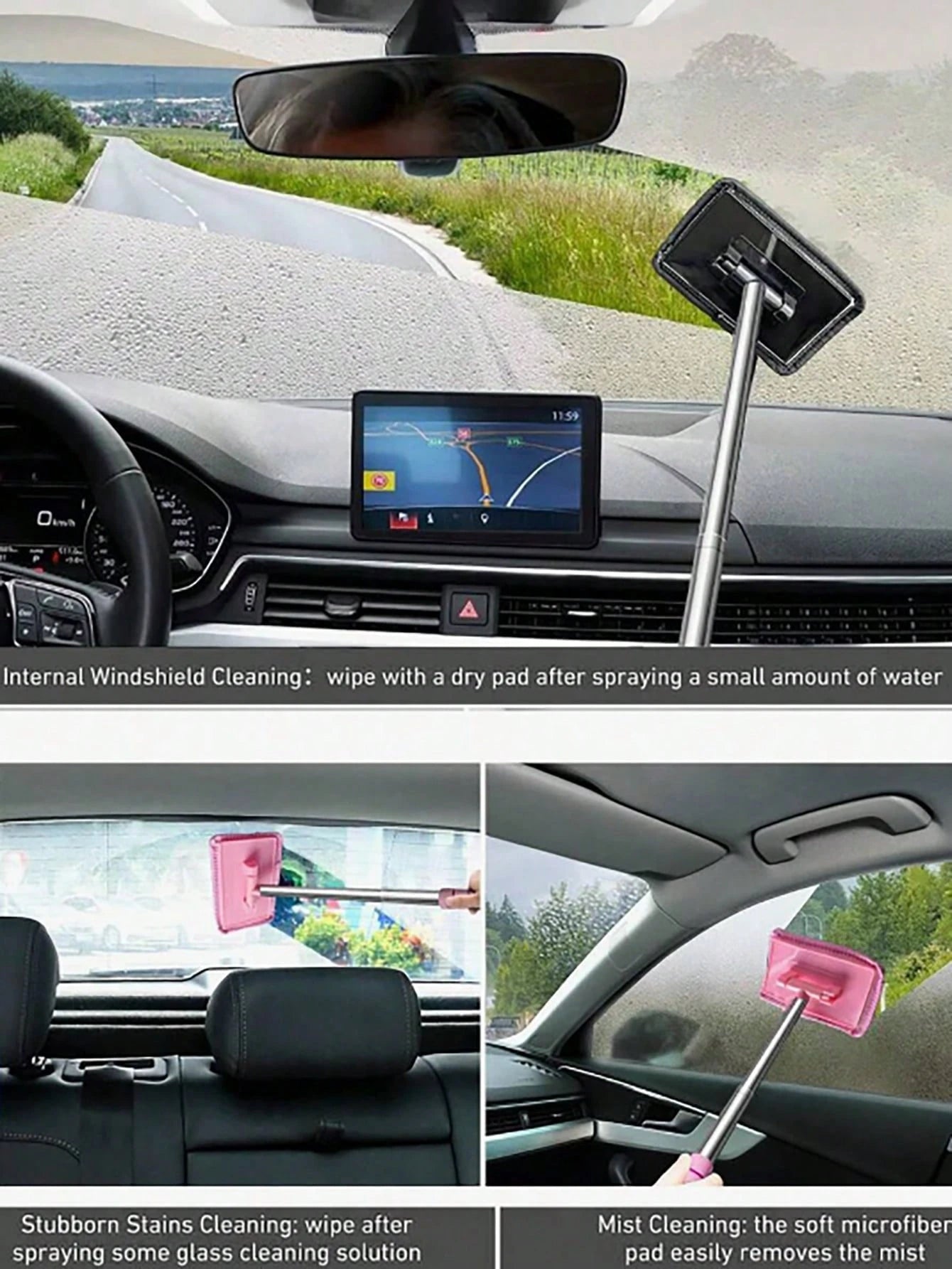 Extendable Windshield Cleaning Tool Set – With Detachable Handle, Rearview Mirror Water Removal And Wiper Function, Multi-Functional Car Cleaning Supplies, Telescopic Car Detailing Glass Cleaning Brus