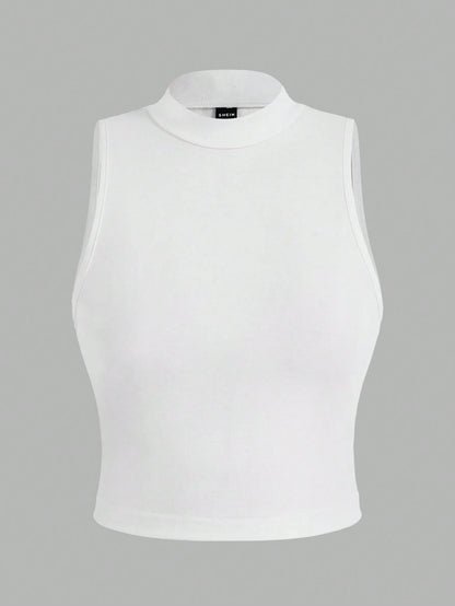 EZwear 2pcs Plus Size Minimalist High Neck Sleeveless Top Set, Suitable For Spring/Summer, Spring Break
