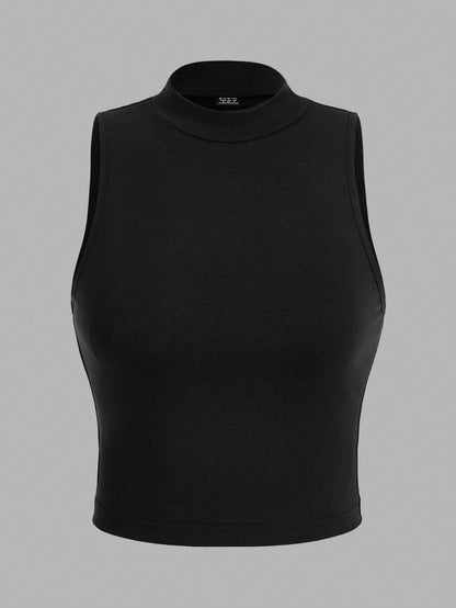EZwear 2pcs Plus Size Minimalist High Neck Sleeveless Top Set, Suitable For Spring/Summer, Spring Break