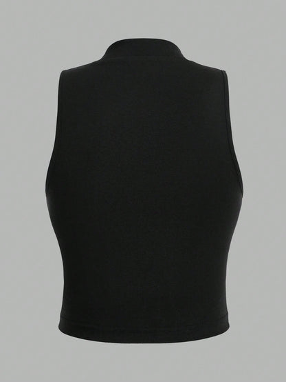 EZwear 2pcs Plus Size Minimalist High Neck Sleeveless Top Set, Suitable For Spring/Summer, Spring Break