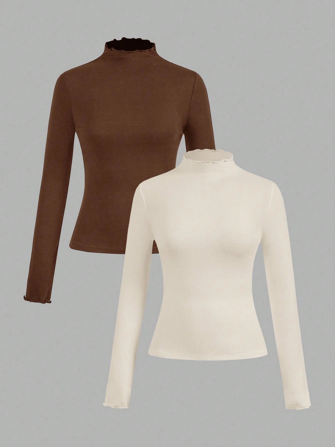 EZwear 2pcs/Set Apricot & Brown Color Casual Tight Fit Long Sleeve T-Shirts, Autumn/Winter