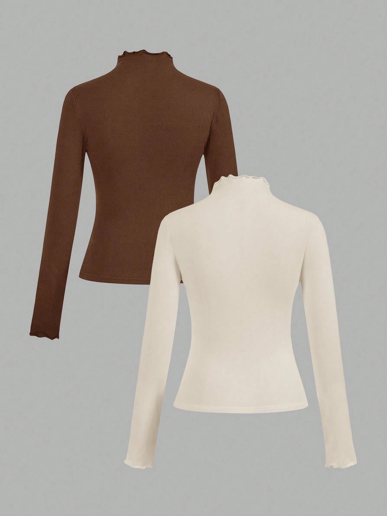 EZwear 2pcs/Set Apricot & Brown Color Casual Tight Fit Long Sleeve T-Shirts, Autumn/Winter