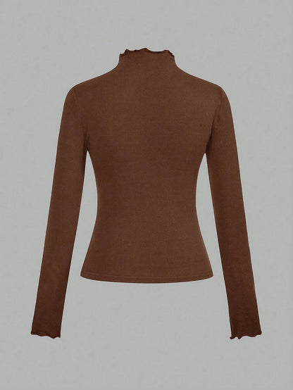 EZwear 2pcs/Set Apricot & Brown Color Casual Tight Fit Long Sleeve T-Shirts, Autumn/Winter