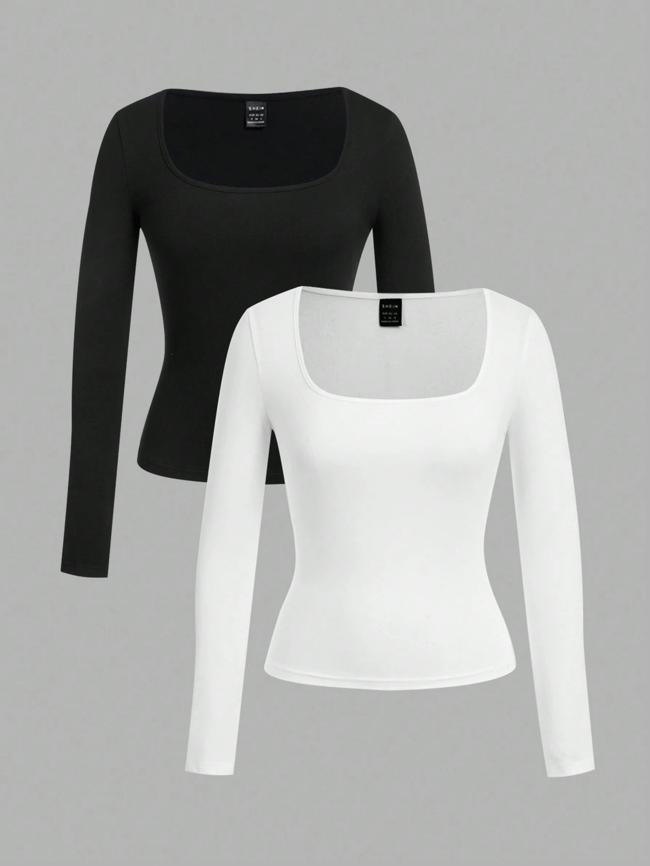 EZwear 2pcs/Set Plus Size Women Square Neck Long Sleeve Slim Fit T-Shirt Set Casual Business Casual Black White Versatile For Spring/Autumn And Winter Office