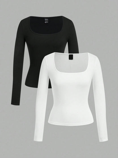 EZwear 2pcs/Set Plus Size Women Square Neck Long Sleeve Slim Fit T-Shirt Set Casual Business Casual Black White Versatile For Spring/Autumn And Winter Office