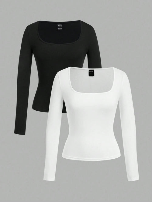 EZwear 2pcs/Set Plus Size Women Square Neck Long Sleeve Slim Fit T-Shirt Set Casual Business Casual Black White Versatile For Spring/Autumn And Winter Office