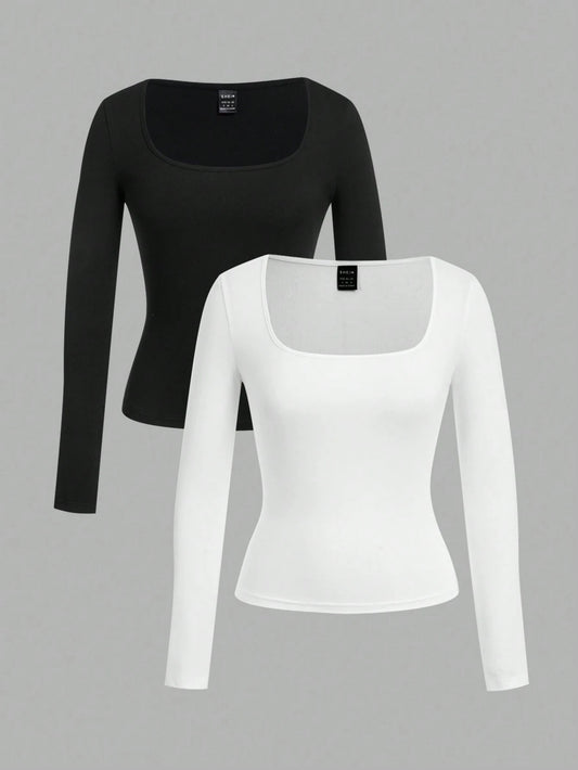 EZwear 2pcs/Set Plus Size Women Square Neck Long Sleeve Slim Fit T-Shirt Set Casual Business Casual Black White Versatile For Spring/Autumn And Winter Office