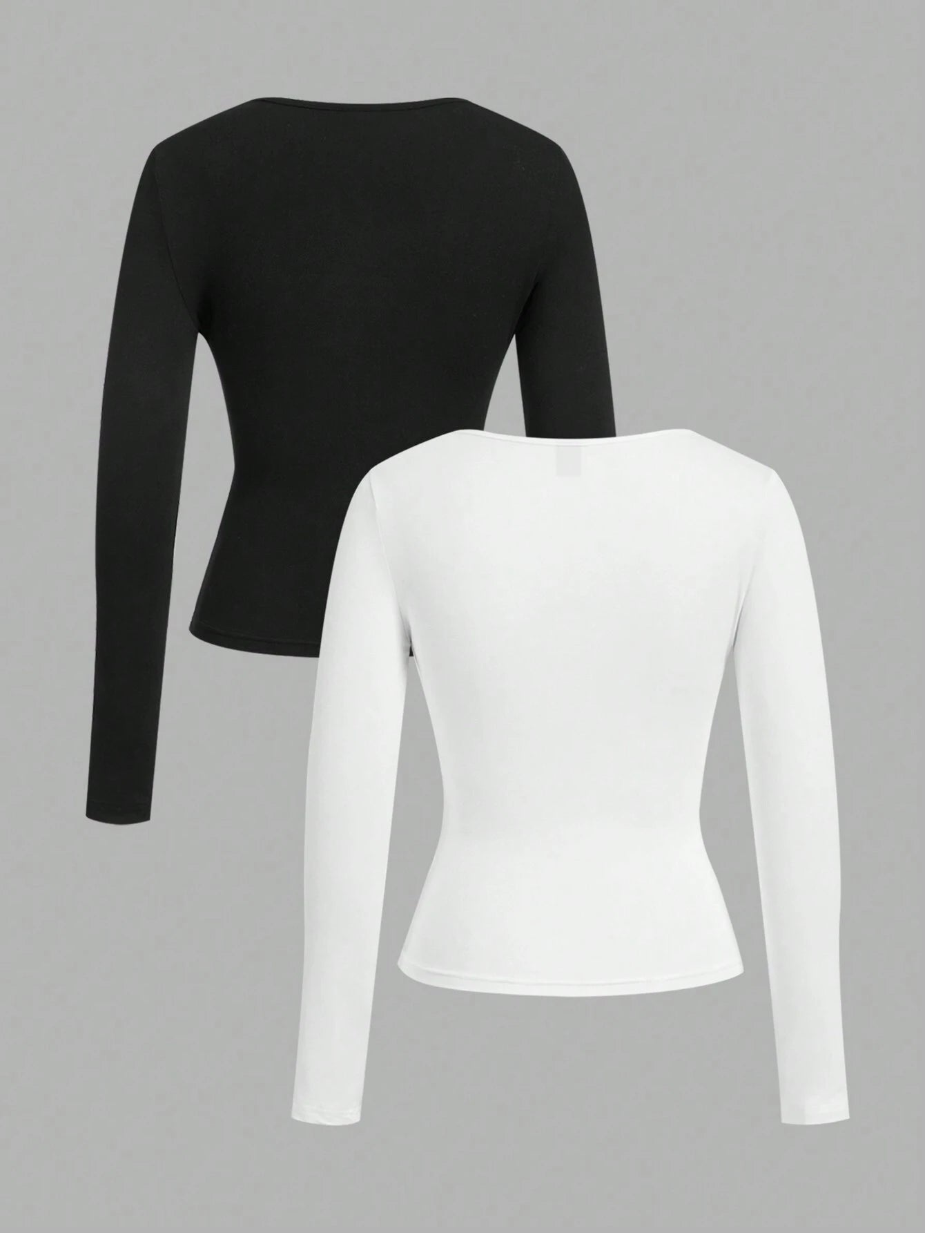 EZwear 2pcs/Set Plus Size Women Square Neck Long Sleeve Slim Fit T-Shirt Set Casual Business Casual Black White Versatile For Spring/Autumn And Winter Office