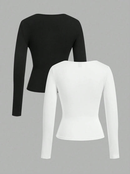 EZwear 2pcs/Set Plus Size Women Square Neck Long Sleeve Slim Fit T-Shirt Set Casual Business Casual Black White Versatile For Spring/Autumn And Winter Office