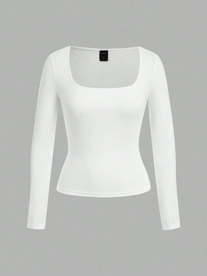 EZwear 2pcs/Set Plus Size Women Square Neck Long Sleeve Slim Fit T-Shirt Set Casual Business Casual Black White Versatile For Spring/Autumn And Winter Office