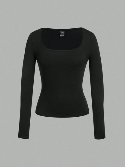 EZwear 2pcs/Set Plus Size Women Square Neck Long Sleeve Slim Fit T-Shirt Set Casual Business Casual Black White Versatile For Spring/Autumn And Winter Office