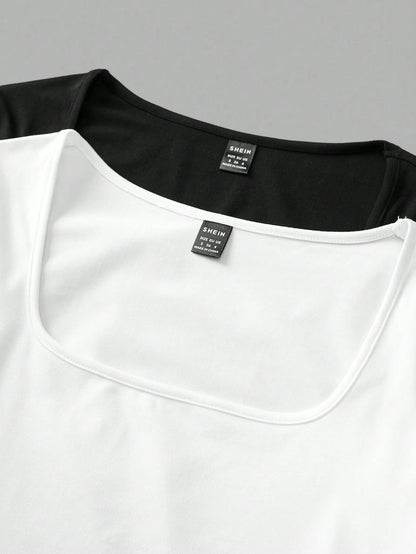 EZwear 2pcs/Set Plus Size Women Square Neck Long Sleeve Slim Fit T-Shirt Set Casual Business Casual Black White Versatile For Spring/Autumn And Winter Office