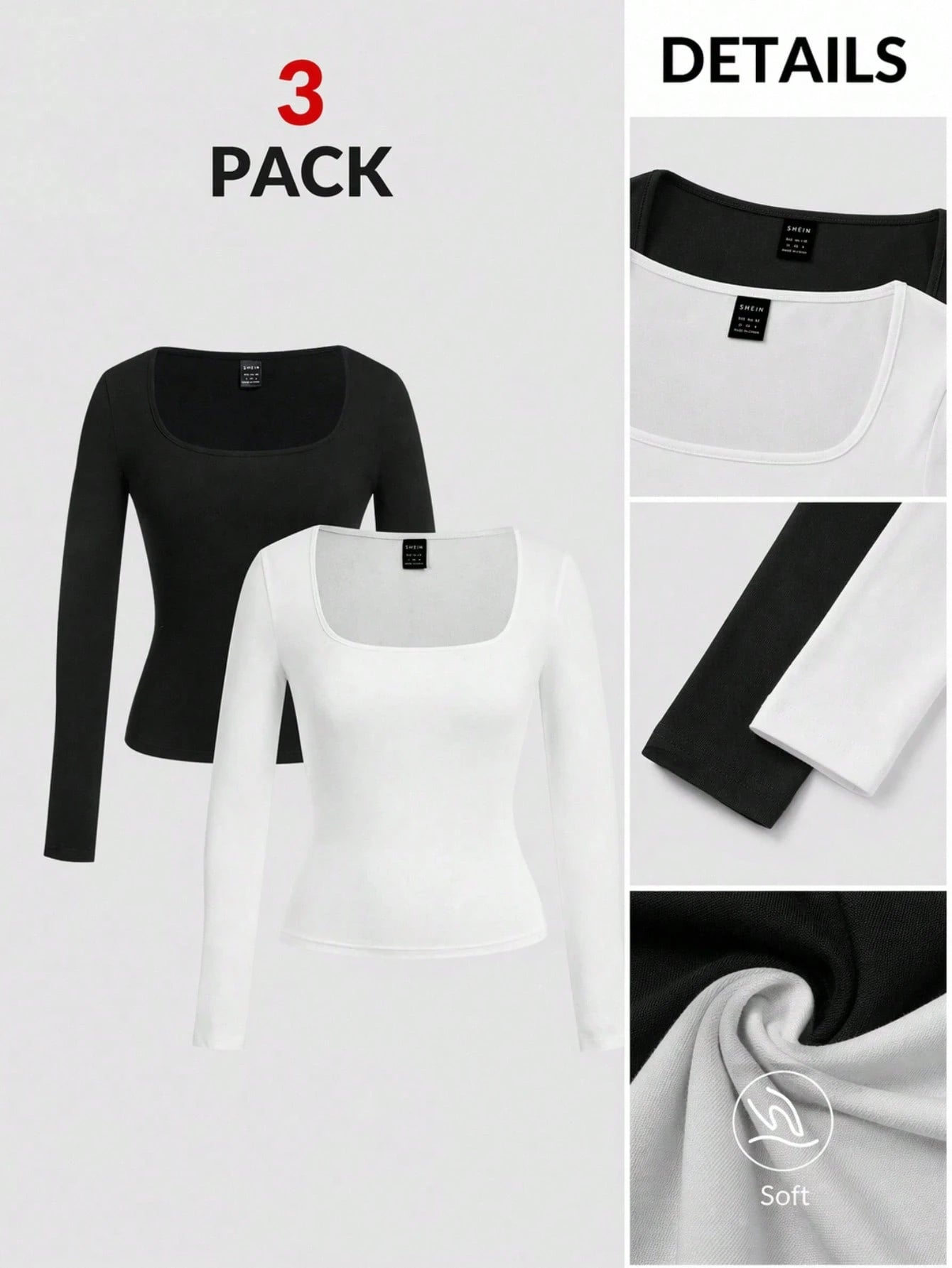 EZwear 2pcs/Set Plus Size Women Square Neck Long Sleeve Slim Fit T-Shirt Set Casual Business Casual Black White Versatile For Spring/Autumn And Winter Office