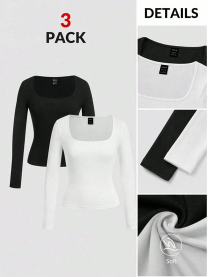 EZwear 2pcs/Set Plus Size Women Square Neck Long Sleeve Slim Fit T-Shirt Set Casual Business Casual Black White Versatile For Spring/Autumn And Winter Office