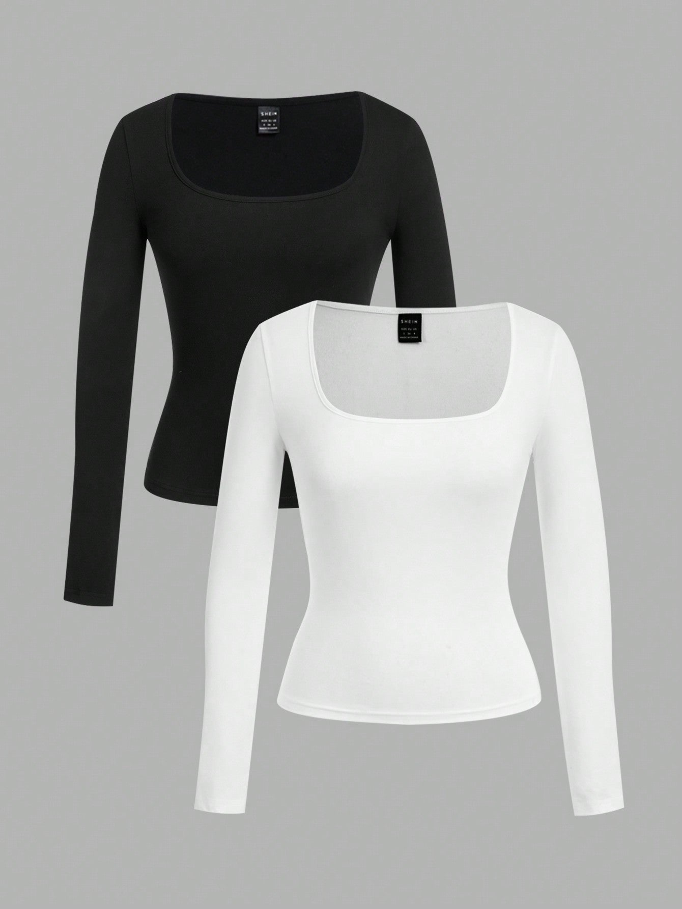 EZwear 2pcs/Set Plus Size Women Square Neck Long Sleeve Slim Fit T-Shirt Set Casual Business Casual Black White Versatile For Spring/Autumn And Winter Office