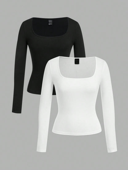 EZwear 2pcs/Set Plus Size Women Square Neck Long Sleeve Slim Fit T-Shirt Set Casual Business Casual Black White Versatile For Spring/Autumn And Winter Office