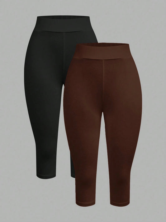 EZwear 2pcs Women's 95% Cotton Black & Brown 3/4 Length Skinny Casual Leggings, Suitable For Summer