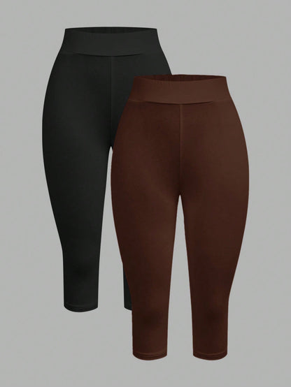EZwear 2pcs Women's 95% Cotton Black & Brown 3/4 Length Skinny Casual Leggings, Suitable For Summer