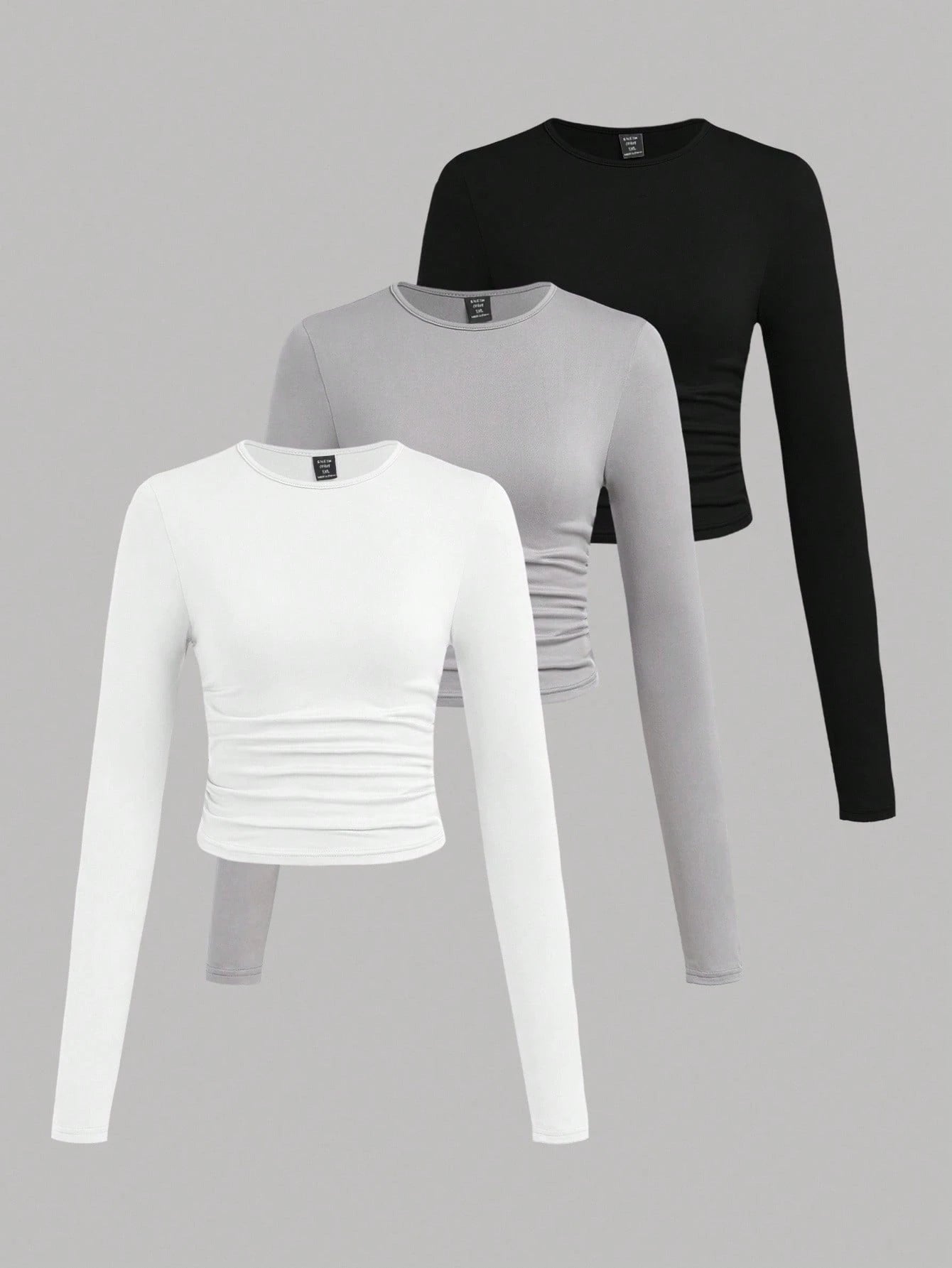 EZwear 3 Pcs Set Plus Size Women's Casual Solid Color Crew Neck Ruched Long Sleeve T-Shirts, Autumn/Winter Fall