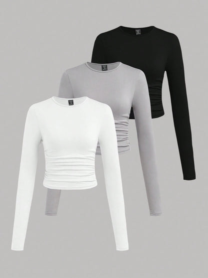 EZwear 3 Pcs Set Plus Size Women's Casual Solid Color Crew Neck Ruched Long Sleeve T-Shirts, Autumn/Winter Fall