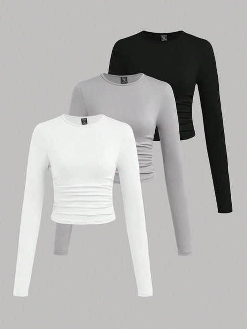 EZwear 3 Pcs Set Plus Size Women's Casual Solid Color Crew Neck Ruched Long Sleeve T-Shirts, Autumn/Winter Fall