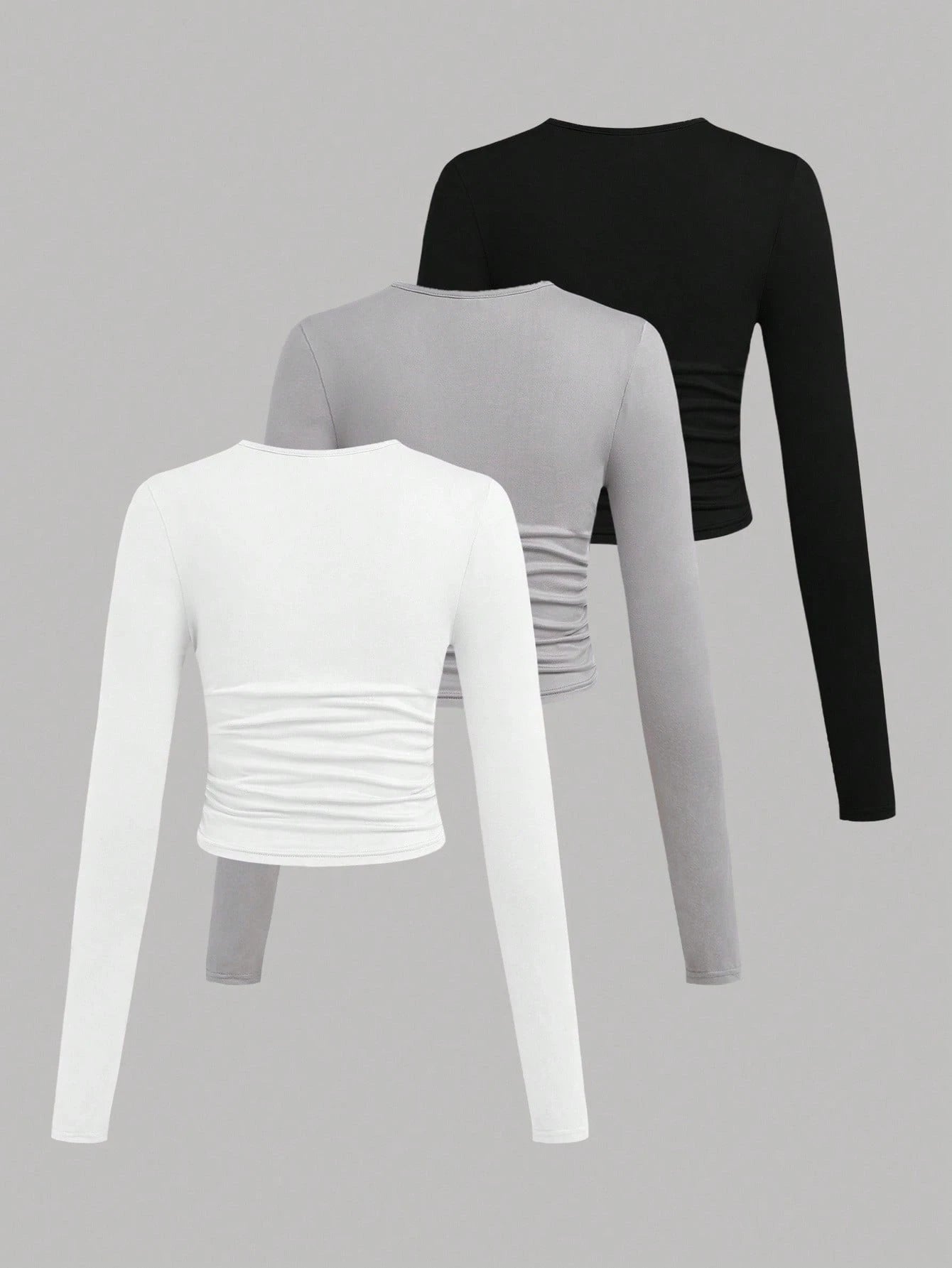 EZwear 3 Pcs Set Plus Size Women's Casual Solid Color Crew Neck Ruched Long Sleeve T-Shirts, Autumn/Winter Fall