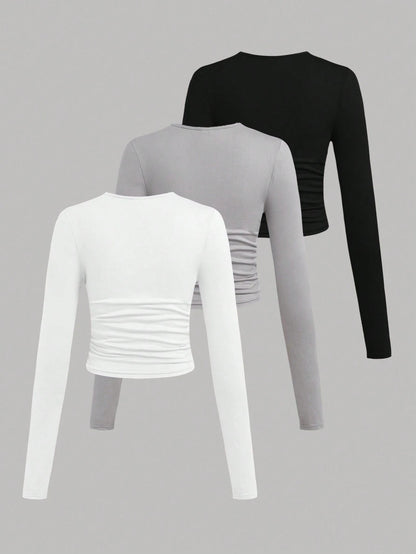 EZwear 3 Pcs Set Plus Size Women's Casual Solid Color Crew Neck Ruched Long Sleeve T-Shirts, Autumn/Winter Fall