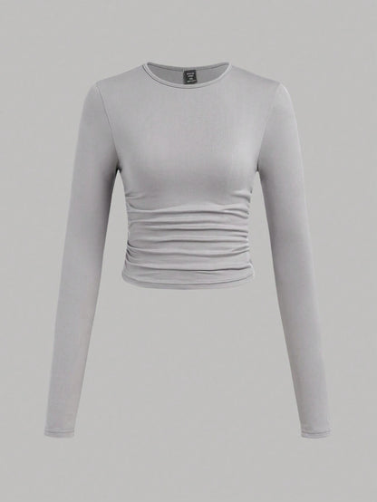 EZwear 3 Pcs Set Plus Size Women's Casual Solid Color Crew Neck Ruched Long Sleeve T-Shirts, Autumn/Winter Fall