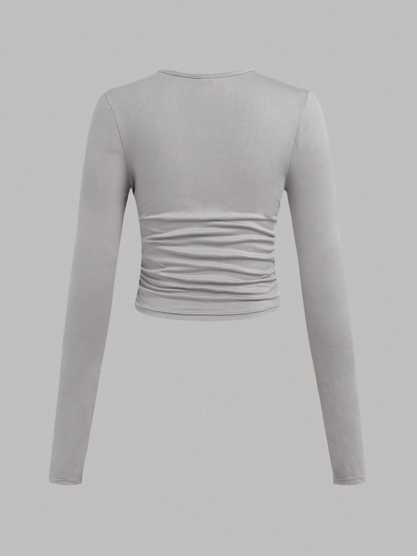 EZwear 3 Pcs Set Plus Size Women's Casual Solid Color Crew Neck Ruched Long Sleeve T-Shirts, Autumn/Winter Fall