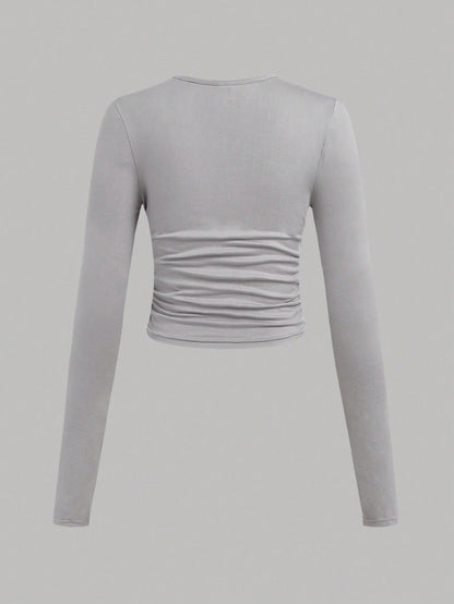 EZwear 3 Pcs Set Plus Size Women's Casual Solid Color Crew Neck Ruched Long Sleeve T-Shirts, Autumn/Winter Fall