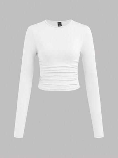 EZwear 3 Pcs Set Plus Size Women's Casual Solid Color Crew Neck Ruched Long Sleeve T-Shirts, Autumn/Winter Fall