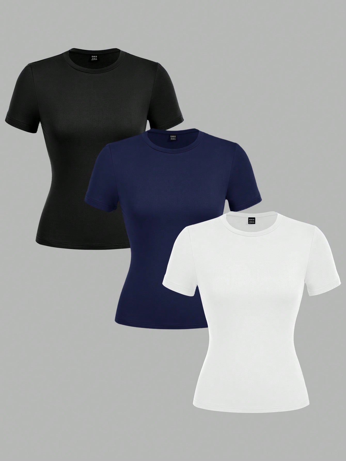 EZwear 3pcs/Set Women Black White Blue Round Neck Casual Tight Long Sleeve T-Shirt Set, Suitable For Summer