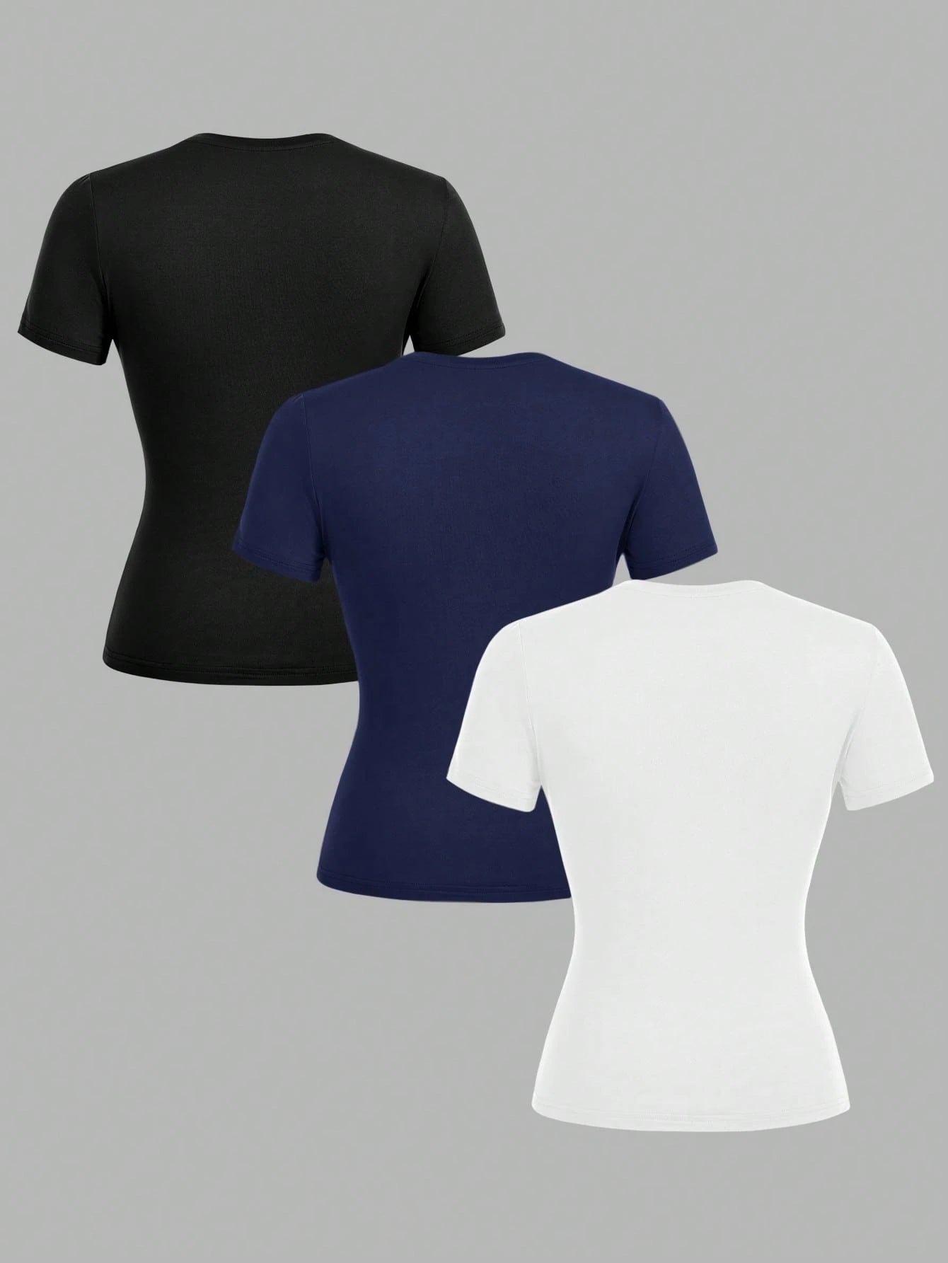 EZwear 3pcs/Set Women Black White Blue Round Neck Casual Tight Long Sleeve T-Shirt Set, Suitable For Summer