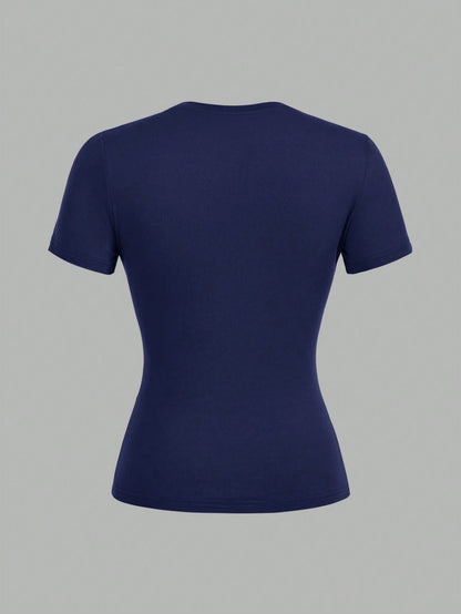 EZwear 3pcs/Set Women Black White Blue Round Neck Casual Tight Long Sleeve T-Shirt Set, Suitable For Summer